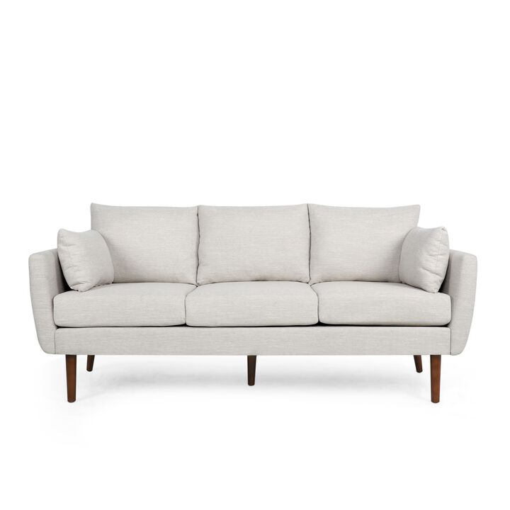 Nate Sofa with 2 Accent Pillows, 77 Inch Birch Wood, Beige Fabric - Benzara