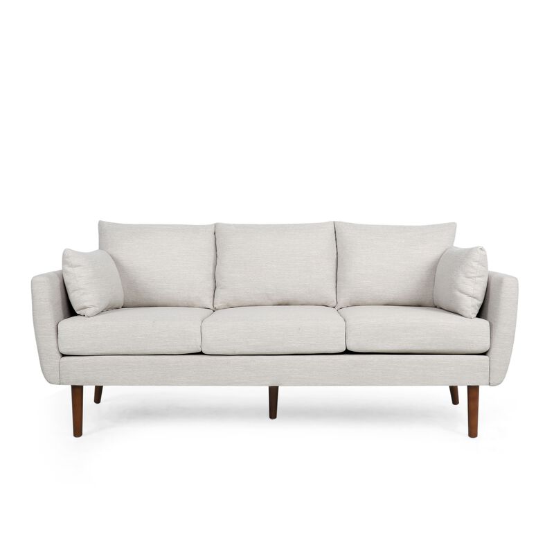 Nate Sofa with 2 Accent Pillows, 77 Inch Birch Wood, Beige Fabric - Benzara