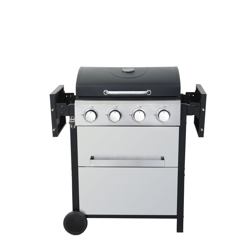 MONDAWE 4-Burner Propane Gas BBQ Grill, 34200BTU Output With Wire Enamel Cooking Grids For Outdoor Barbecue, Foldable Side Table, Hanging Basket, Stainless Steel