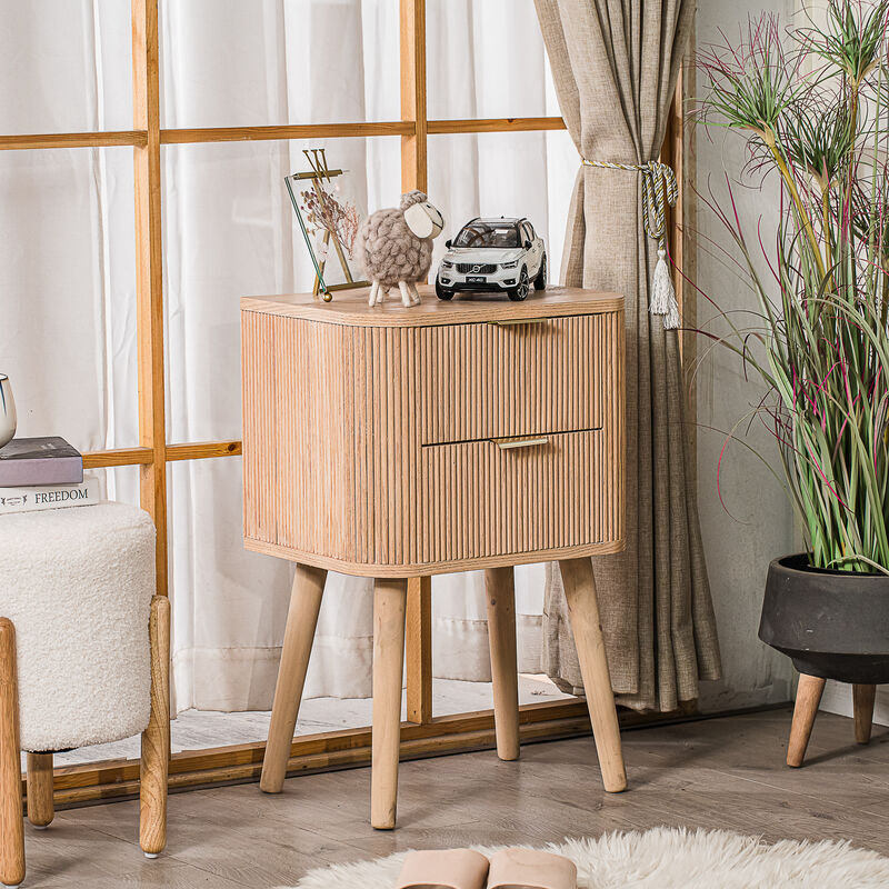 Bedside Table 2 Drawers Natural Wood