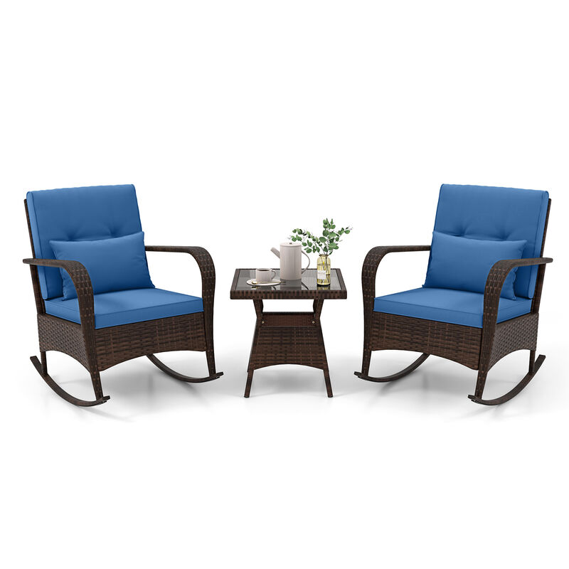 3 Piece Outdoor Rocking Set with Tempered Glass Coffee Table for Backyard Poolside
