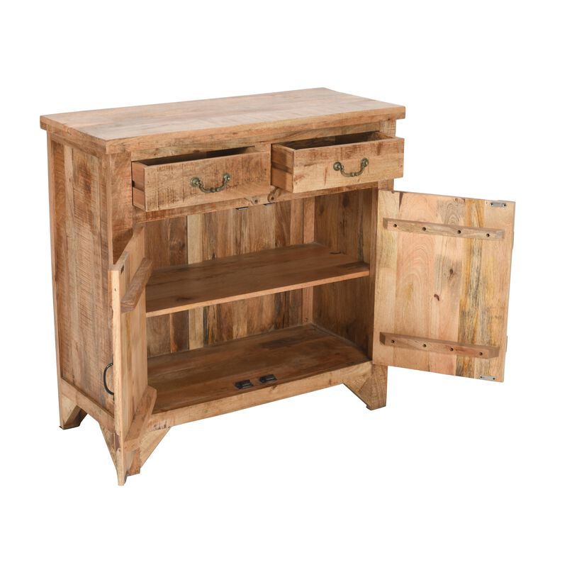 39 Inch Artisanal Farmhouse Style 2 Drawer Mango Wood Cabinet Console with 2 Door Storage, Rustic Brown - Benzara