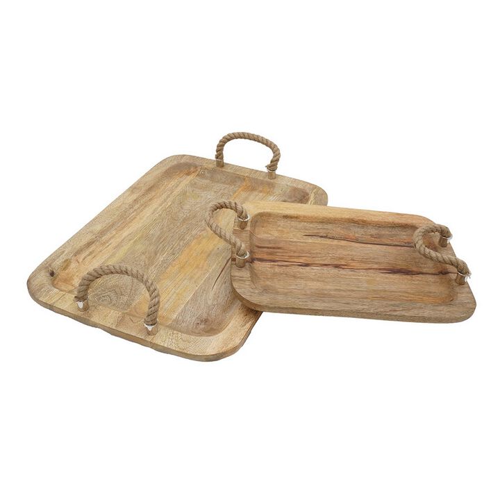 Set of 2 Mango Wood Trays, Twisted Jute Handles, Rustic Brown Texturing - Benzara