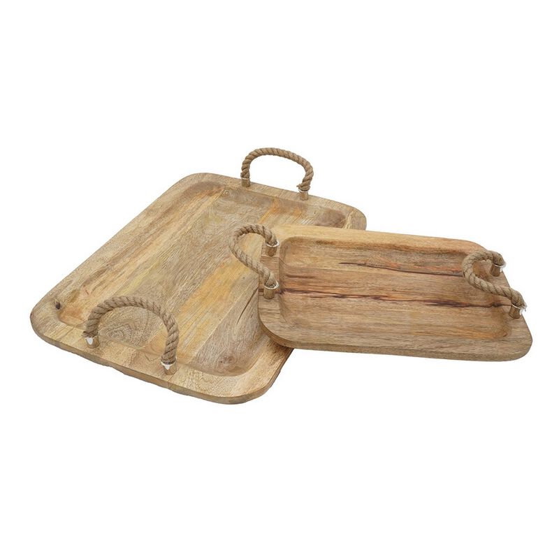 Set of 2 Mango Wood Trays, Twisted Jute Handles, Rustic Brown Texturing - Benzara