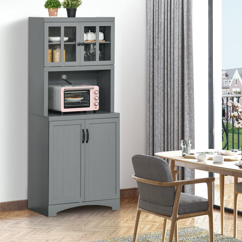 Gray Kitchen Organizer: Tall Freestanding Pantry with Glass Door