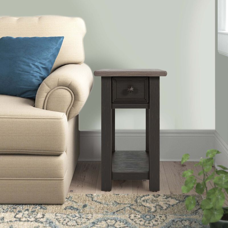 24 Inch Side End Table, Black Wood Base, Power Socket and USB Chargers-Benzara