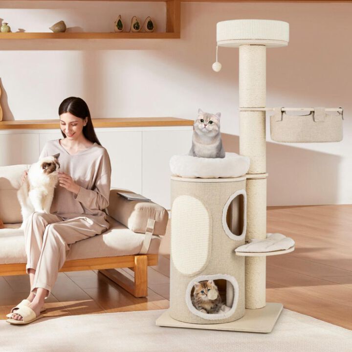 Hivvago 61 Inches Cat Tree for Indoor Cats with 2-stoery Condo and Top Perch