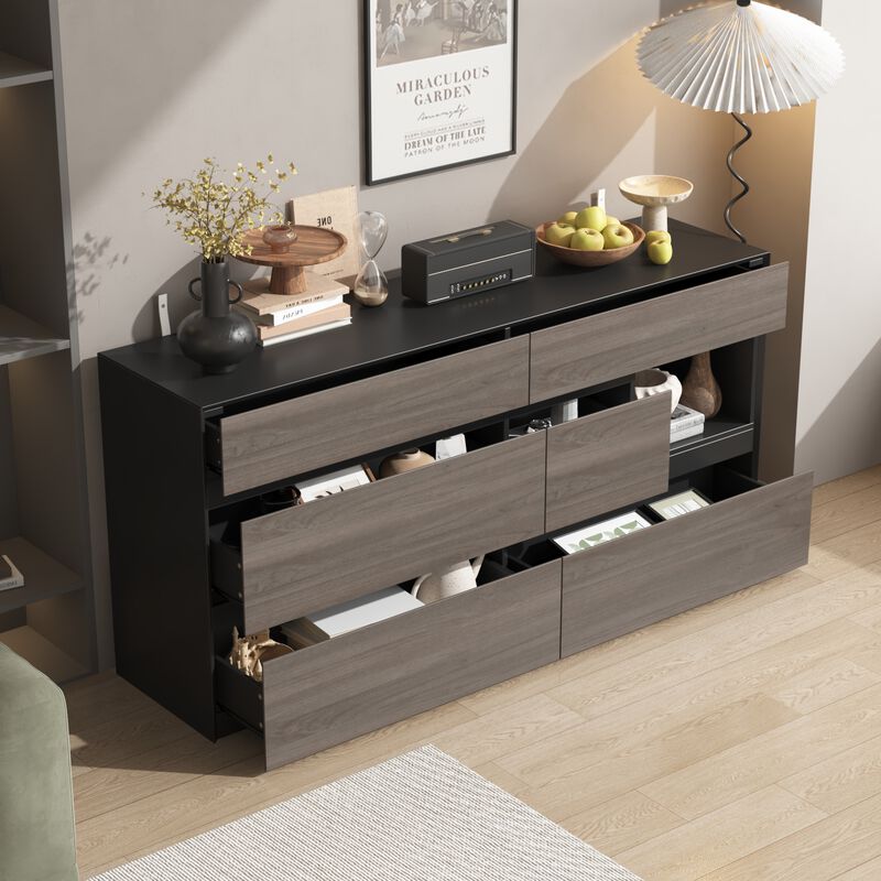 FUFU&GAGA Modern 6-Drawer Sideboard with Open Storage, Black and Rustic Wood Finish (63" W x 15.9" D x 30" H),Brown