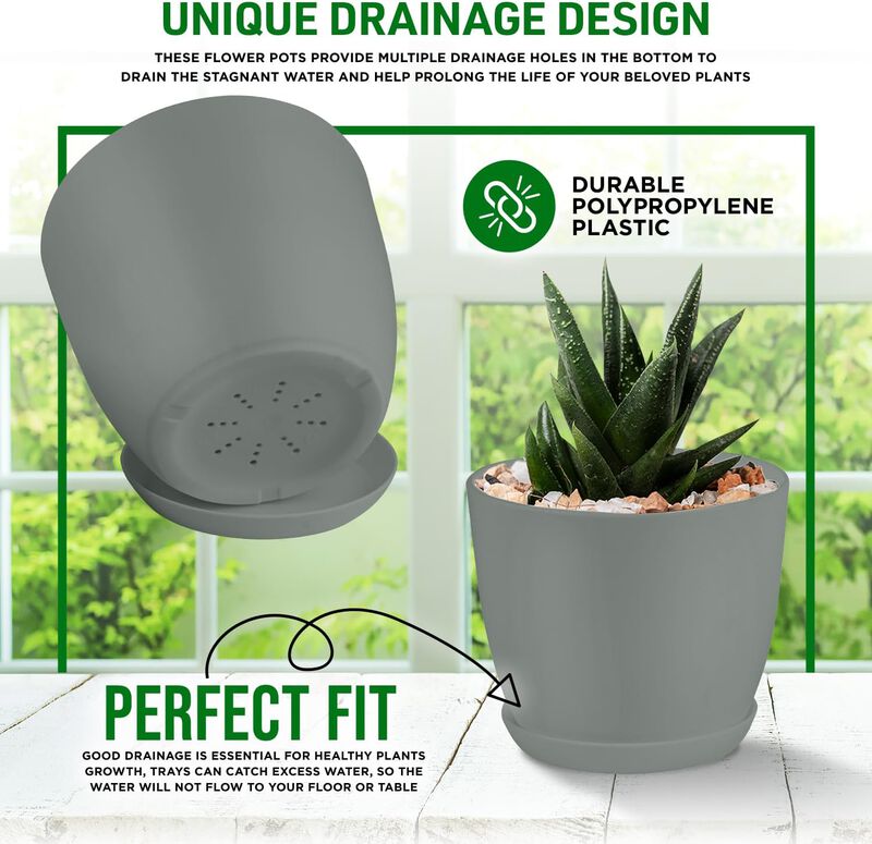 Planter Pots with Drainage Holes - Lightweight, Durable, and Space-Saving Pots for Indoor and Outdoor - Versatile Functionality, Simple Modern Design, Plastic Planter Pots