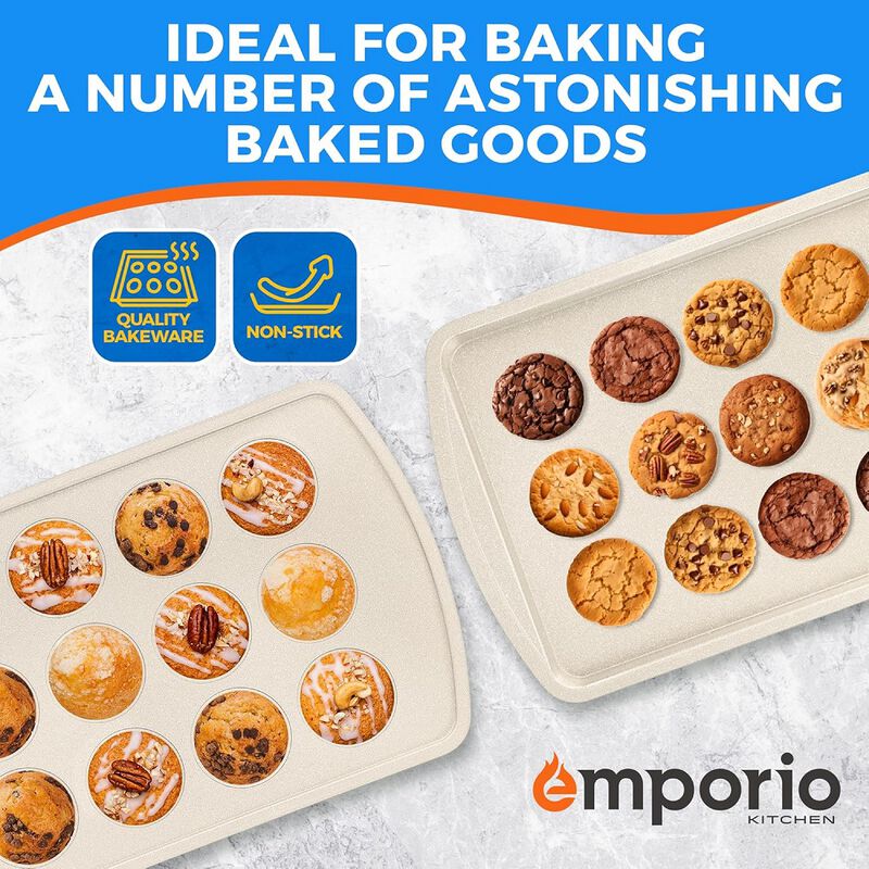 Stackable Baking Pan Set - Deluxe Nonstick White Marble Coating, Carbon Steel Bakeware Sets, PFOA, PFOS, PTFE Free, Recipe Booklet Included, Oven Safe (Up to 450°F), Set of 7 - White