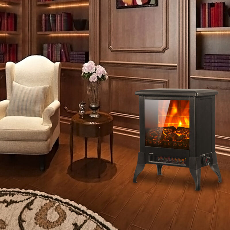 1400W Freestanding Electric Fireplace Heater with Flame and Temperature Control