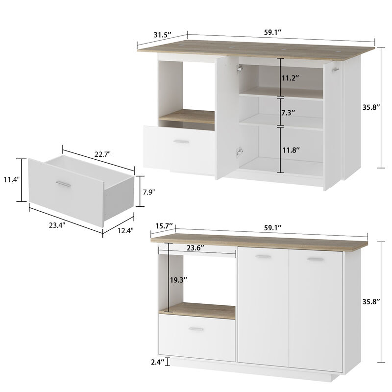 White/Oak Wood 59.1 in. W Kitchen Island Dining Table With Adjustable Shelves and Drawer