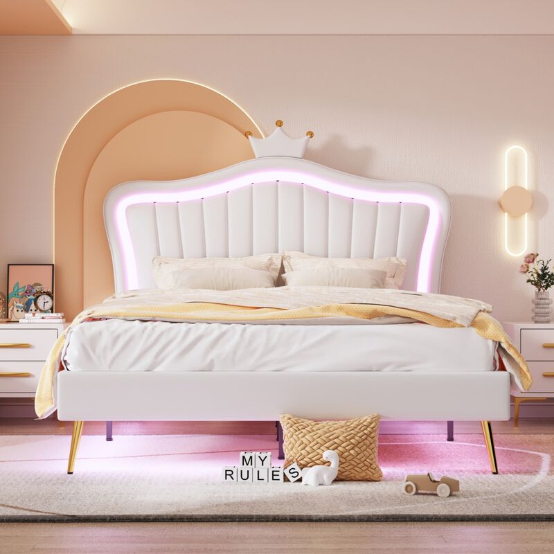 LED Upholstered Queen Bed with Crown Headboard