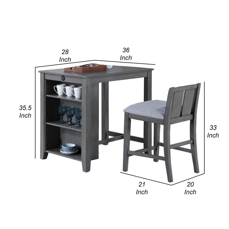 Ham 3 Piece Counter Height Compact Dining Table, Chair Set, Gray Wood - Benzara