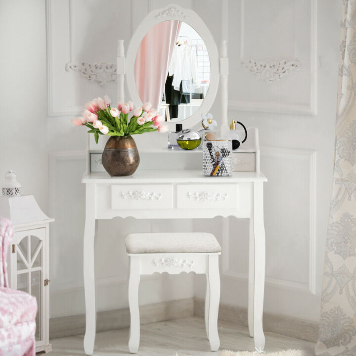 Wood Vanity Table Set with Oval Mirror and 4 Drawers for Kids Girls Women