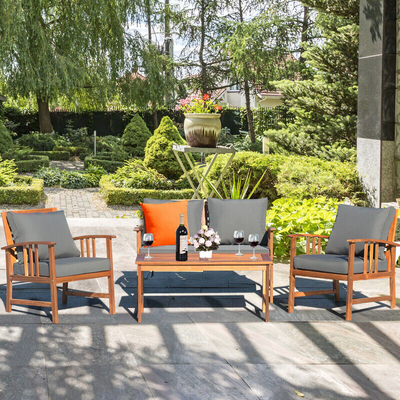 4 Pieces Wooden Patio Furniture Set Table Sofa Chair Cushioned Garden
