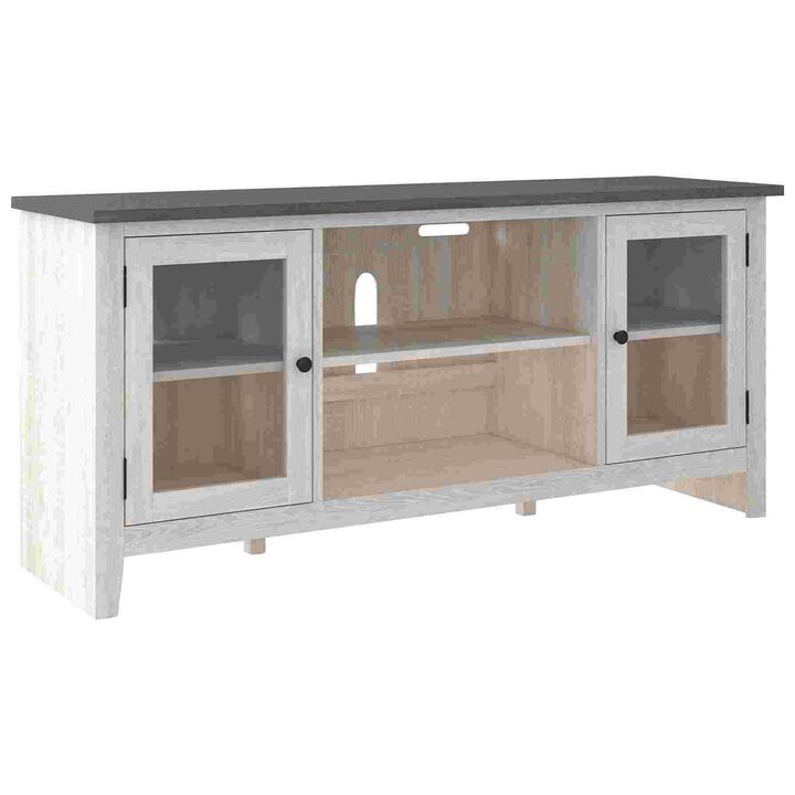 60 Inch TV Entertainment Console, 2 Glass Doors, Farmhouse, White, Gray-Benzara