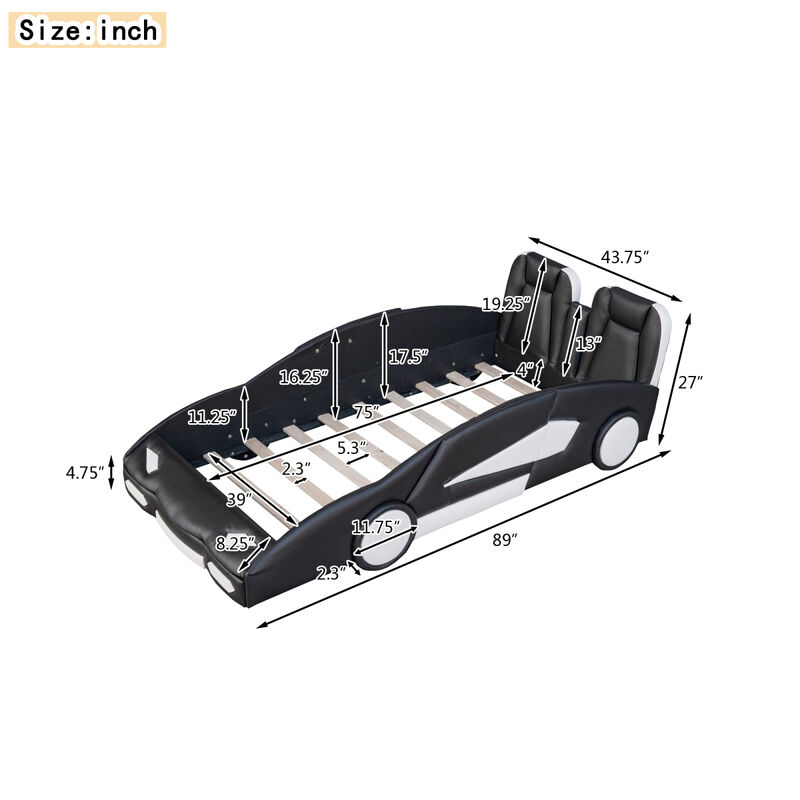 Twin Size Race Car-Shaped Platform Bed With Wheels