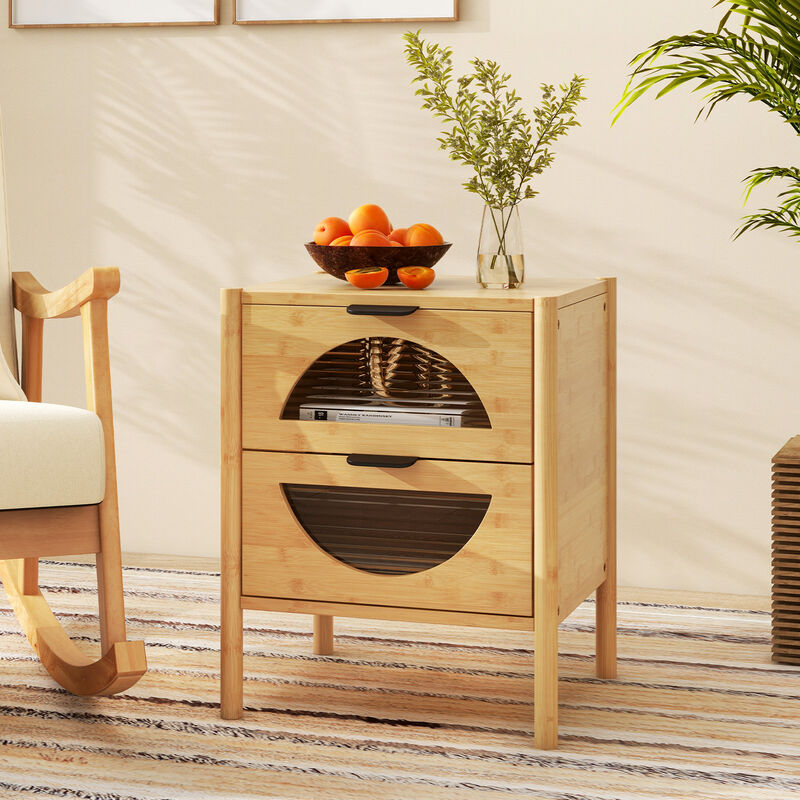 Nightstand with 2 Storage Drawers and Reeded Tempered Glass Fronts