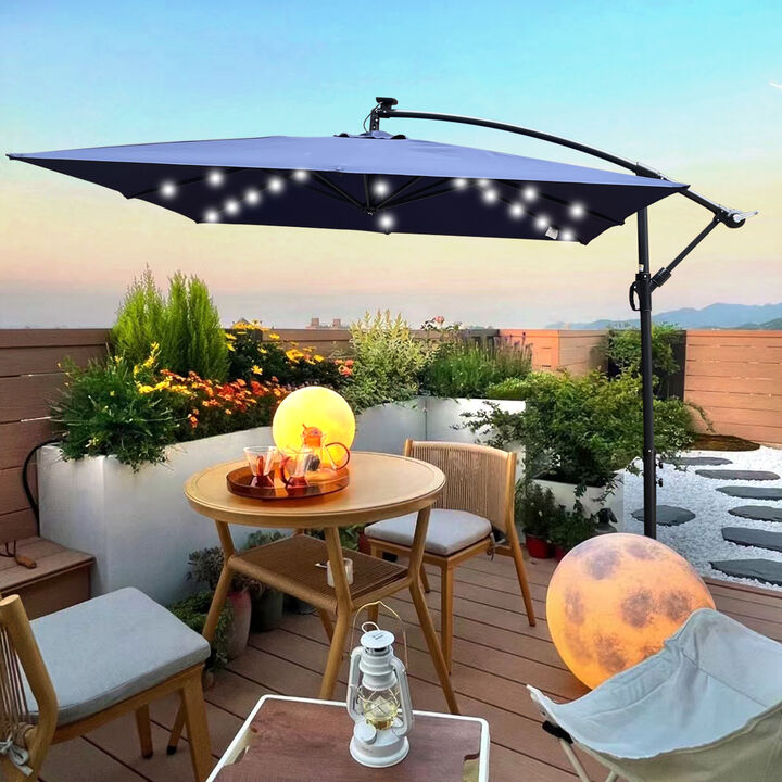 Solar Powered LED Patio Umbrella with Crank & Base