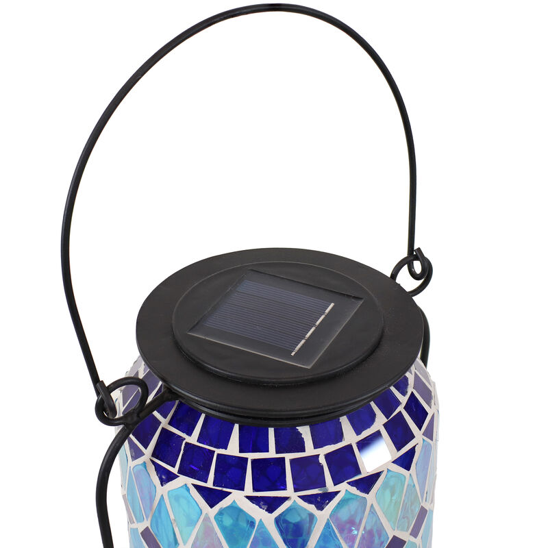 Sunnydaze Cool Blue Mosaic Glass Outdoor Solar LED Lantern - 8 in
