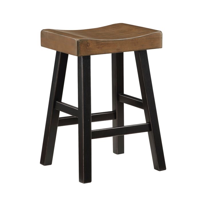 Casy 25 Inch Counter Height Stool, Brown Saddle Seat, Black, Set of 2 - Benzara