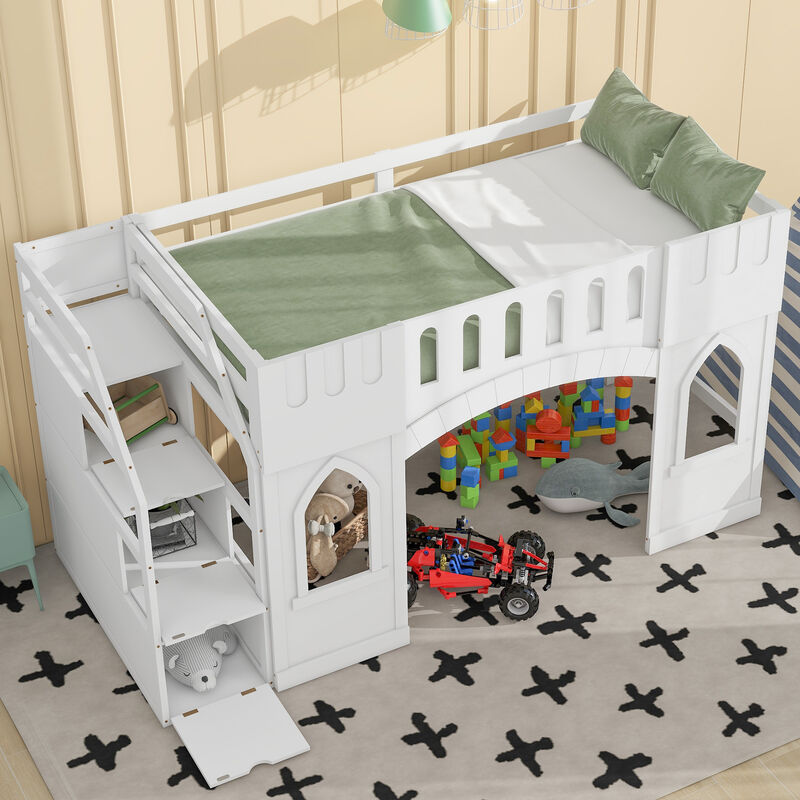 Merax Loft Bed with Storage Staircase and Window