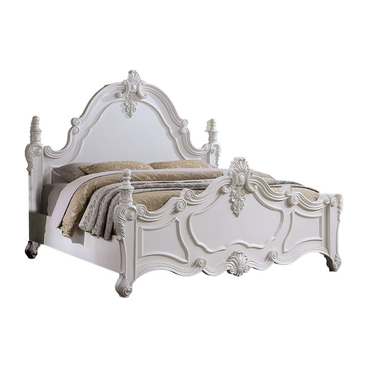 Frank King Size Bed, Carved Details, Finial Posts, Classic White Solid Wood - Benzara