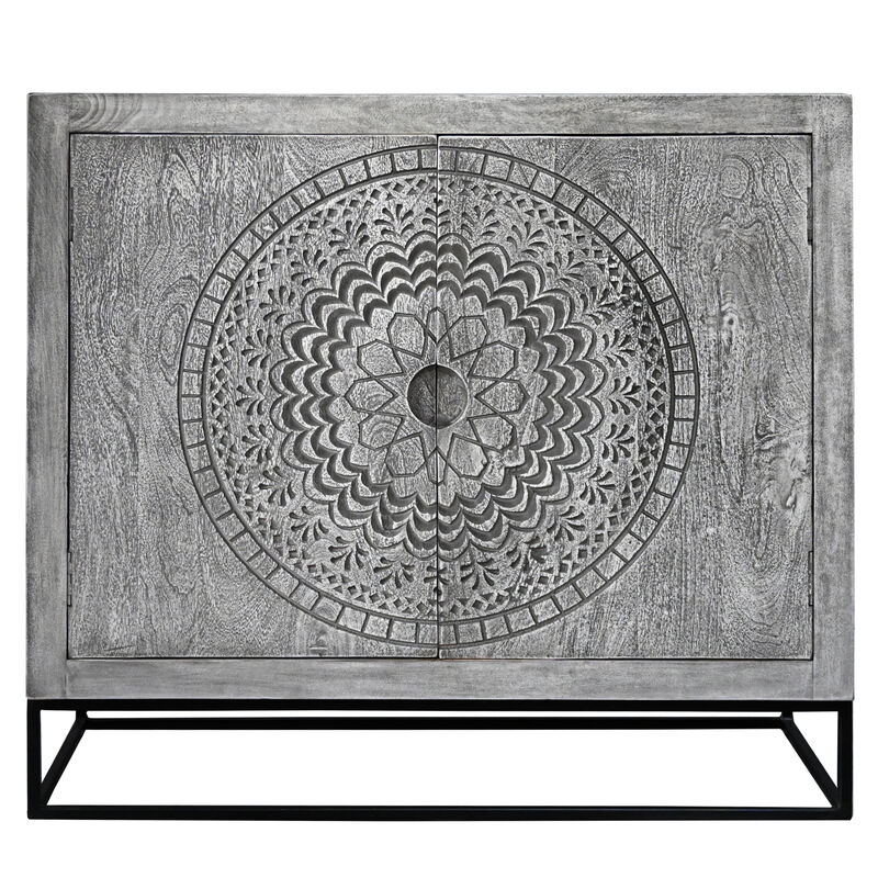 39 Inch Handcrafted Accent Cabinet with 2 Doors, Medallion Engraved, Sandblasted Gray Mango Wood, Black Iron Framed Stand-Benzara