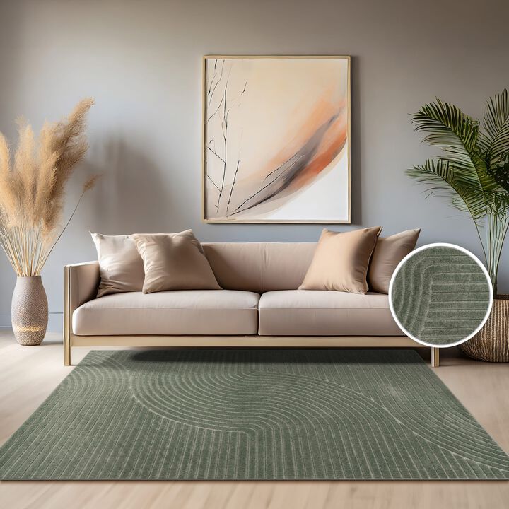 Modern Area Rug Minimalist Design with Curved Line Pattern in Cream / Green