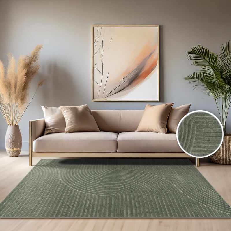 Modern Area Rug Minimalist Design with Curved Line Pattern in Cream / Green