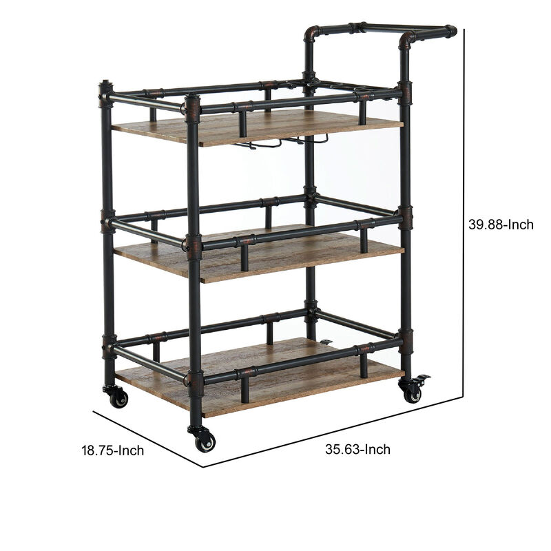 Rustic Three Tier Wood and Metal Serving Cart, Black and Brown - Benzara