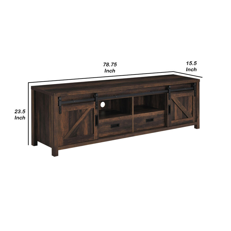 Sem 79 Inch TV Media Entertainment Console, 2 Drawers, Dark Brown Finish-Benzara