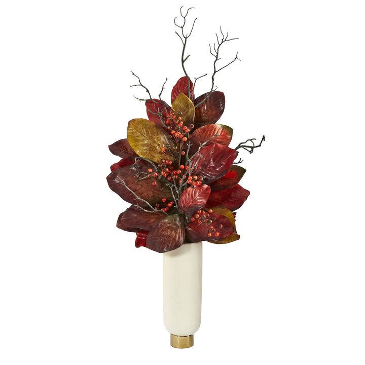 Nearly Natural 38-in Autumn Magnolia w/ Berries Plant in Planter