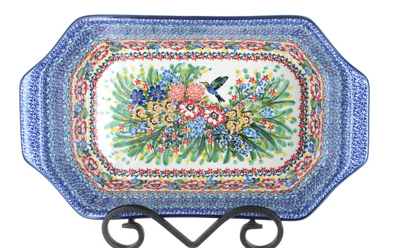 Blue Rose Polish Pottery Hummingbird Deep Baker with Handles