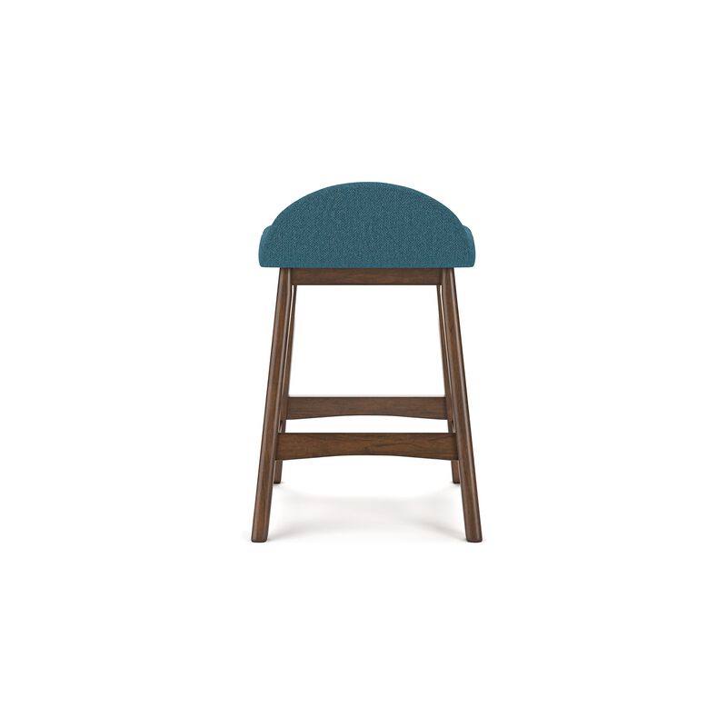 Jeyn Counter Stool with Footrest Set of 2, Brown Hardwood, Blue Seat - Benzara