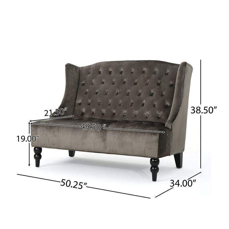Lanny Loveseat Settee, Wingback Bench 50 Inch Wood, Tufted Gray Velvet - Benzara