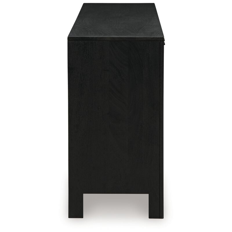 Sideboard Cabinet Console, 4 Doors Woven Cane, 70 Inch Black and Brown - Benzara