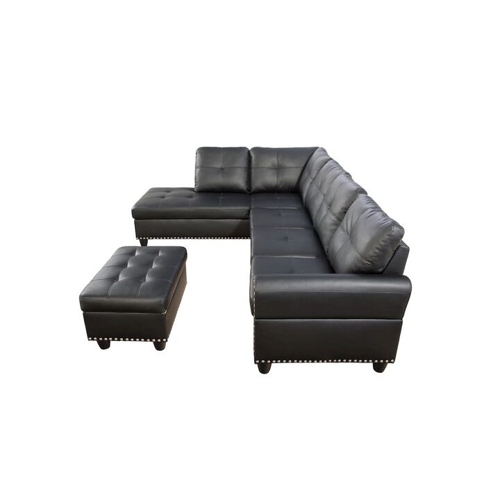 CP HomeDecor Devion Furniture Faux Leather Sectional Sofa with Ottoman-Black