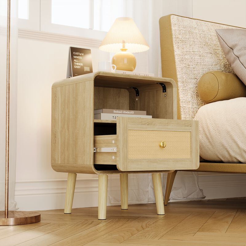 FUFU&GAGA Modern Rattan Nightstand with Drawer & Open Storage, Solid Wood Legs, Natural Wood Grain Finish, (17.7" W x 23.8" H x 13.9" D), Brown