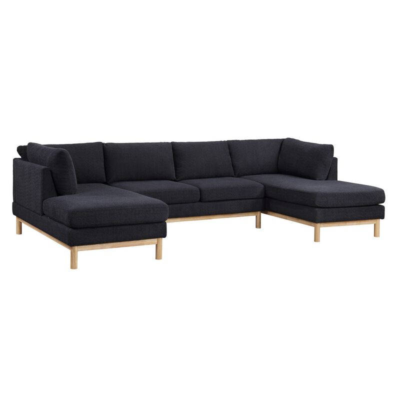 Hle 124 Inch Wide Sectional Sofa Double Chaise, U Shape, Black Sherpa, Wood - Benzara