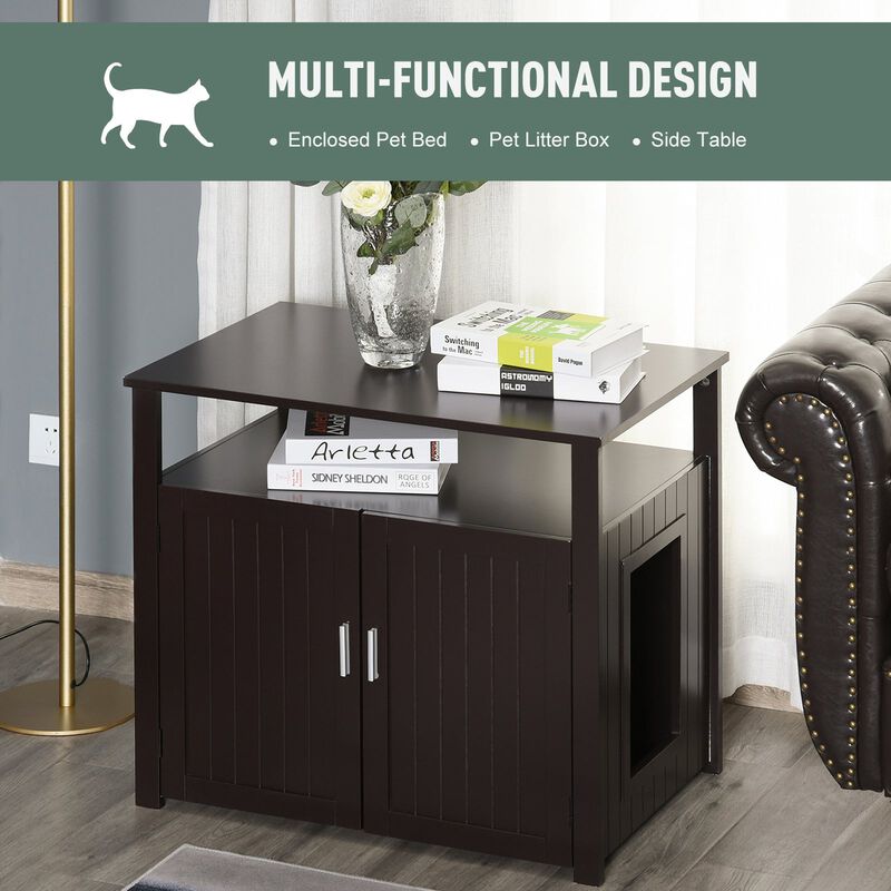 Brown Cat Furniture: Wooden Litter Box Enclosure with Adjustable Wall