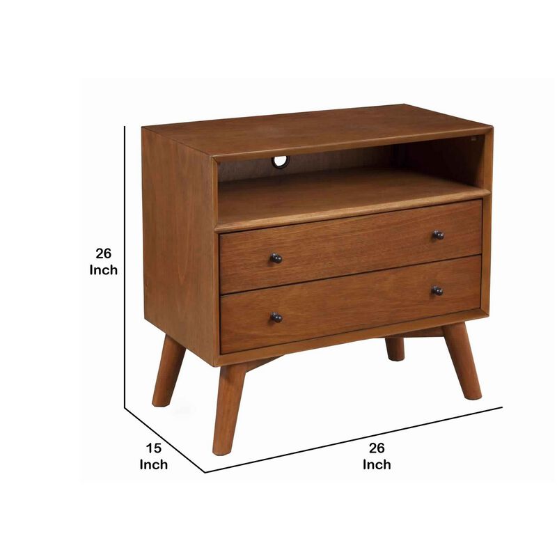 2 Drawer Wooden Nightstand with Open Compartment and Splayed Legs, Brown-Benzara