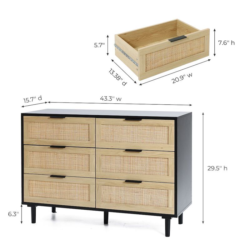 LuxenHome Black and Brown Wood 6-Drawer Rattan Dresser