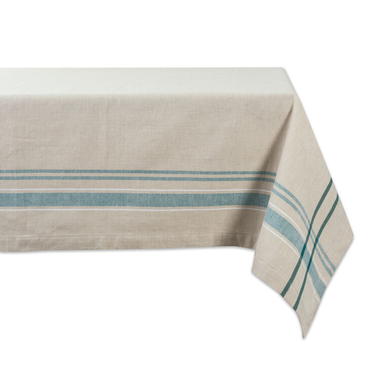 White and Teal French Striped Chambray Rectangular Tablecloth 60" x 84"