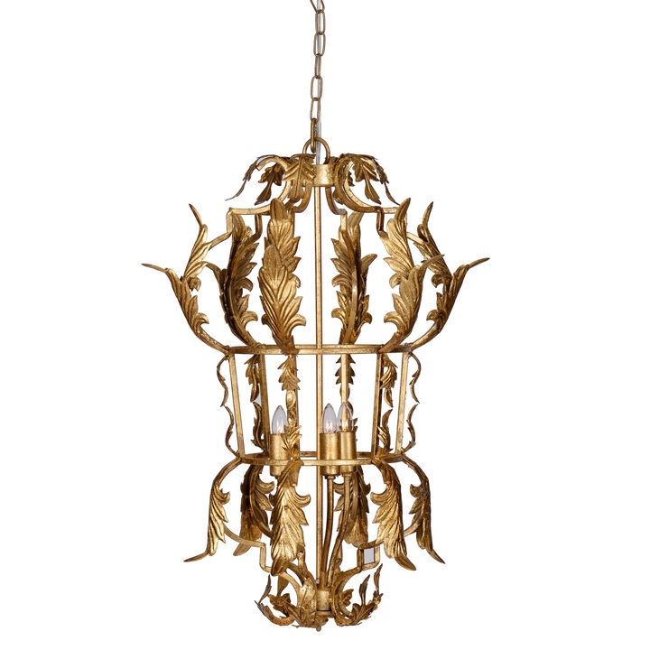 20 Inch Luxury Grade 3 Light Chandelier, Acanthus Leaf, Metal Gold Finish-Benzara