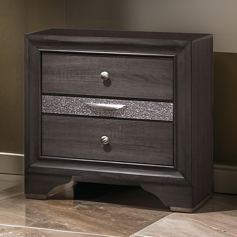 Wooden Nightstand with 2 Drawers and 1 Jewelry Drawer, Gray and Silver-Benzara