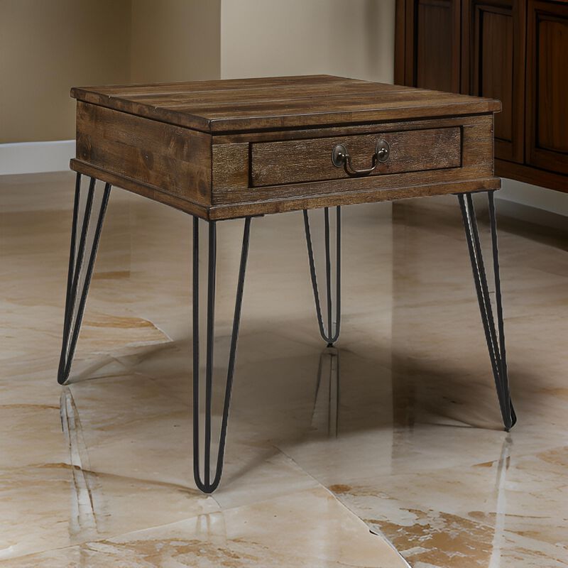 Itti 22 Inch Square Side End Table, 1 Drawer, Brown Solid Wood, Black - Benzara