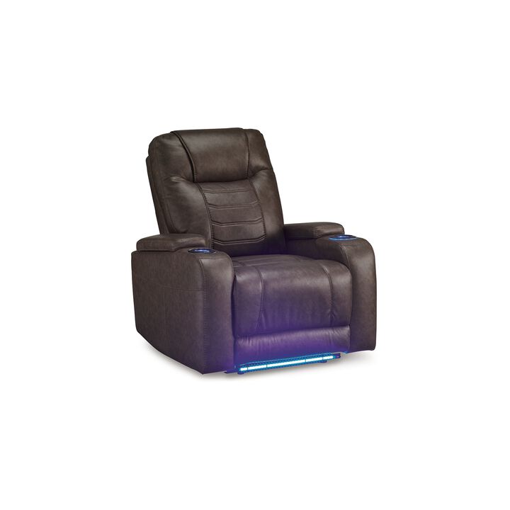 Scon Power Recliner Chair, 37 Inch, LED Light, Brown Faux Leather - Benzara