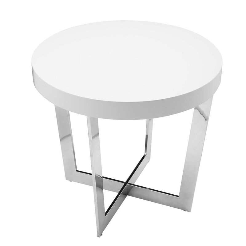 Tini 24 Inch Side End Table, Round Shaped Top, Metal Frame, White Finish - Benzara